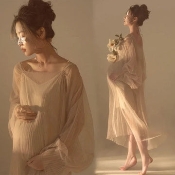 MQTIME  -  Women Photography Props Perspective Elegant Maternity Dresses Beige Mesh Pregnancy Dress Studio Shooting Photo Props